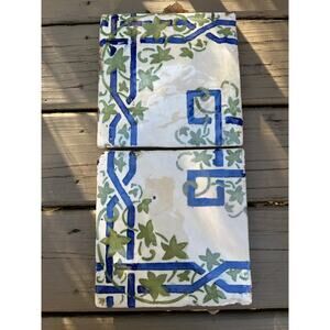 Vintage Italian Antique Tiles Set of 2 Italy thick white green ivy blue old 8”